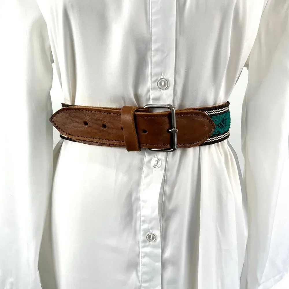 Handmade Leather Belt Woven Tribal Animal Motifs Green Tan